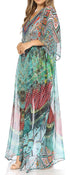 Sakkas Wilder Printed Design Long Sheer Rhinestone Caftan Dress / Cover Up