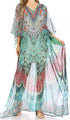 Sakkas Wilder Printed Design Long Sheer Rhinestone Caftan Dress / Cover Up