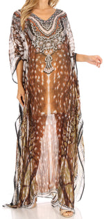 Sakkas Wilder Printed Design Long Sheer Rhinestone Caftan Dress / Cover Up