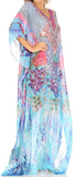 Sakkas Wilder Printed Design Long Sheer Rhinestone Caftan Dress / Cover Up
