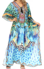 Sakkas Georgettina Flowy Rhinestone V Neck Long Caftan Dress/Cover Up