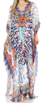 Sakkas Georgettina Flowy Rhinestone V Neck Long Caftan Dress/Cover Up