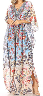 Sakkas Georgettina Flowy Rhinestone V Neck Long Caftan Dress/Cover Up