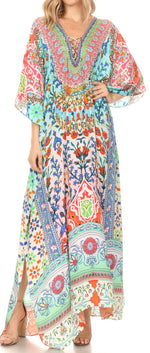 Sakkas Georgettina Flowy Rhinestone V Neck Long Caftan Dress/Cover Up