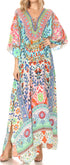 Sakkas Georgettina Flowy Rhinestone V Neck Long Caftan Dress/Cover Up