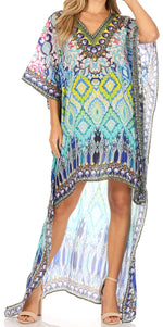 Sakkas Laisson Flowy Hi Low Caftan Rhinestone Boxy V Neck Dress Top Cover / Up