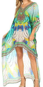 Sakkas Laisson Flowy Hi Low Caftan Rhinestone Boxy V Neck Dress Top Cover / Up