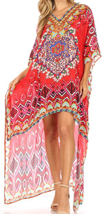 Sakkas Laisson Flowy Hi Low Caftan Rhinestone Boxy V Neck Dress Top Cover / Up