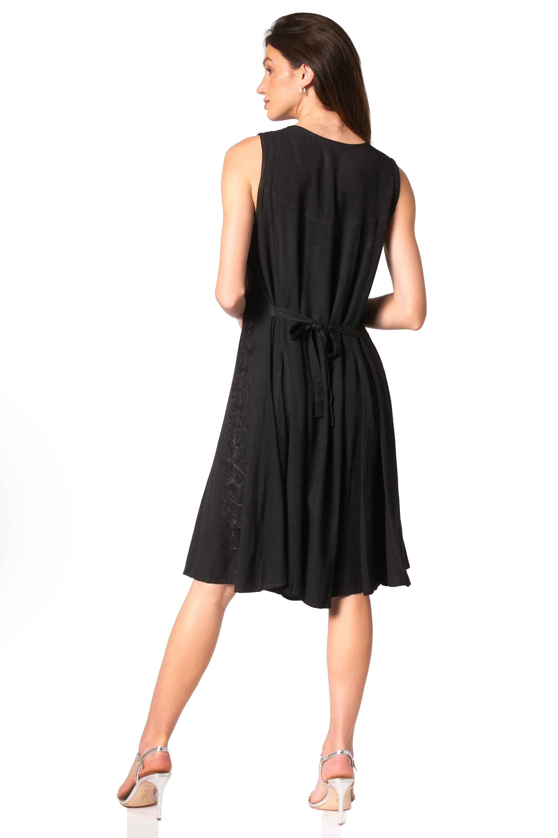 Sakkas Maya Midi Floral Embroidered Sleeveless Button Up Rayon Dress