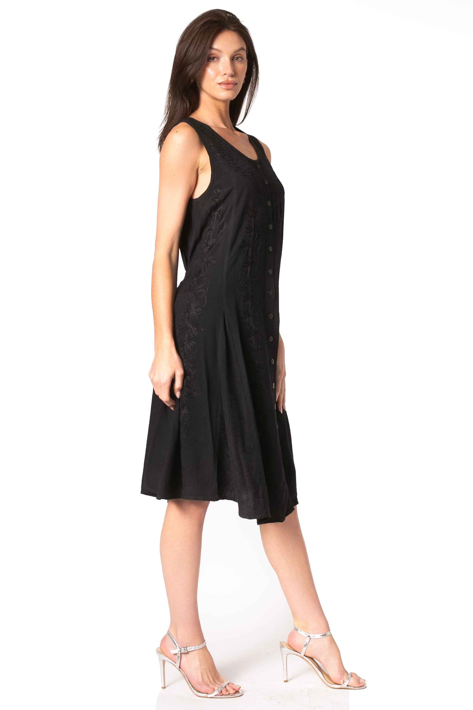 Sakkas Maya Midi Floral Embroidered Sleeveless Button Up Rayon Dress