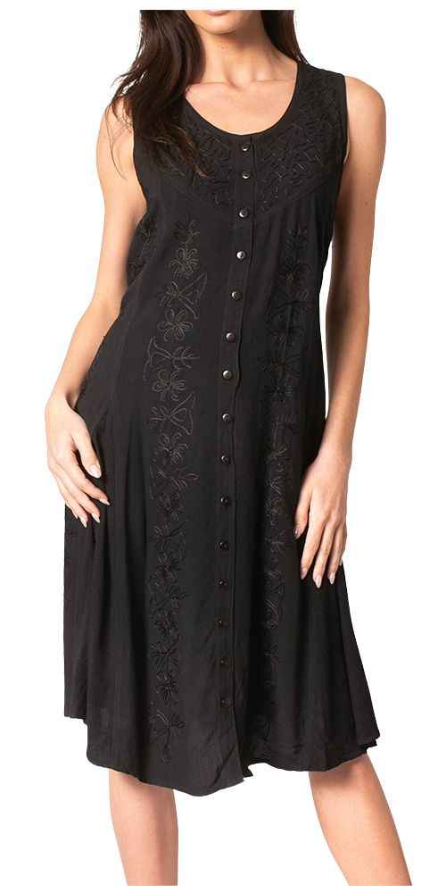 Sakkas Maya Midi Floral Embroidered Sleeveless Button Up Rayon Dress
