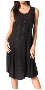 Sakkas Maya Midi Floral Embroidered Sleeveless Button Up Rayon Dress