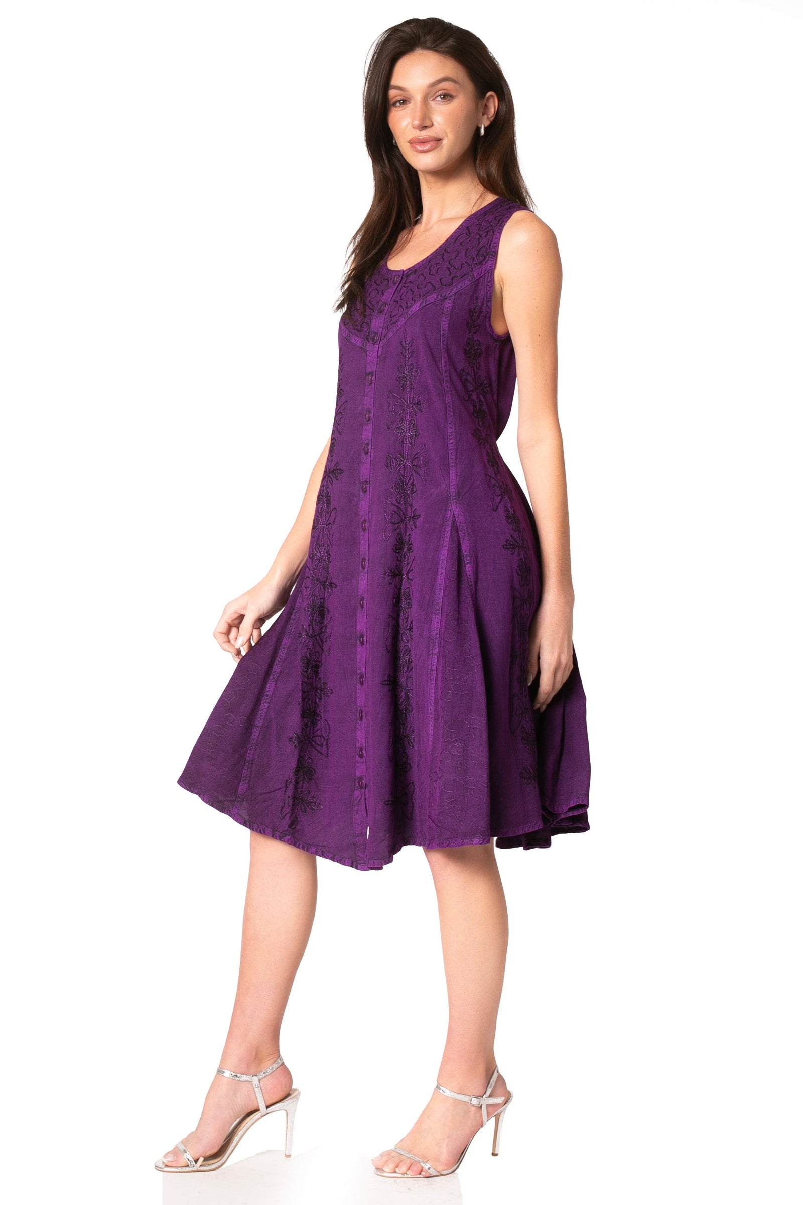 Sakkas Maya Midi Floral Embroidered Sleeveless Button Up Rayon Dress