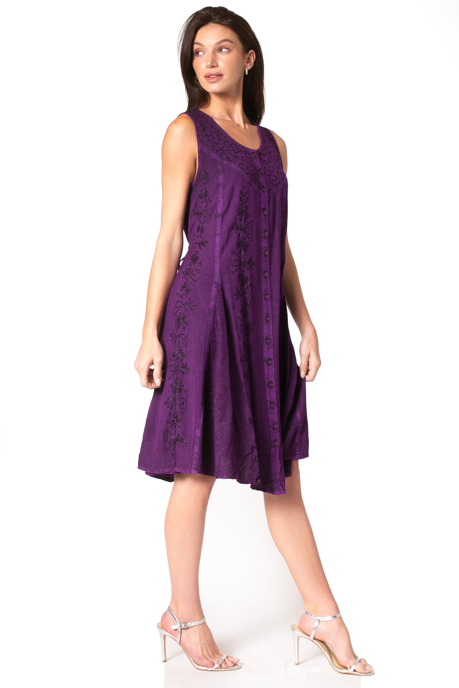 Sakkas Maya Midi Floral Embroidered Sleeveless Button Up Rayon Dress