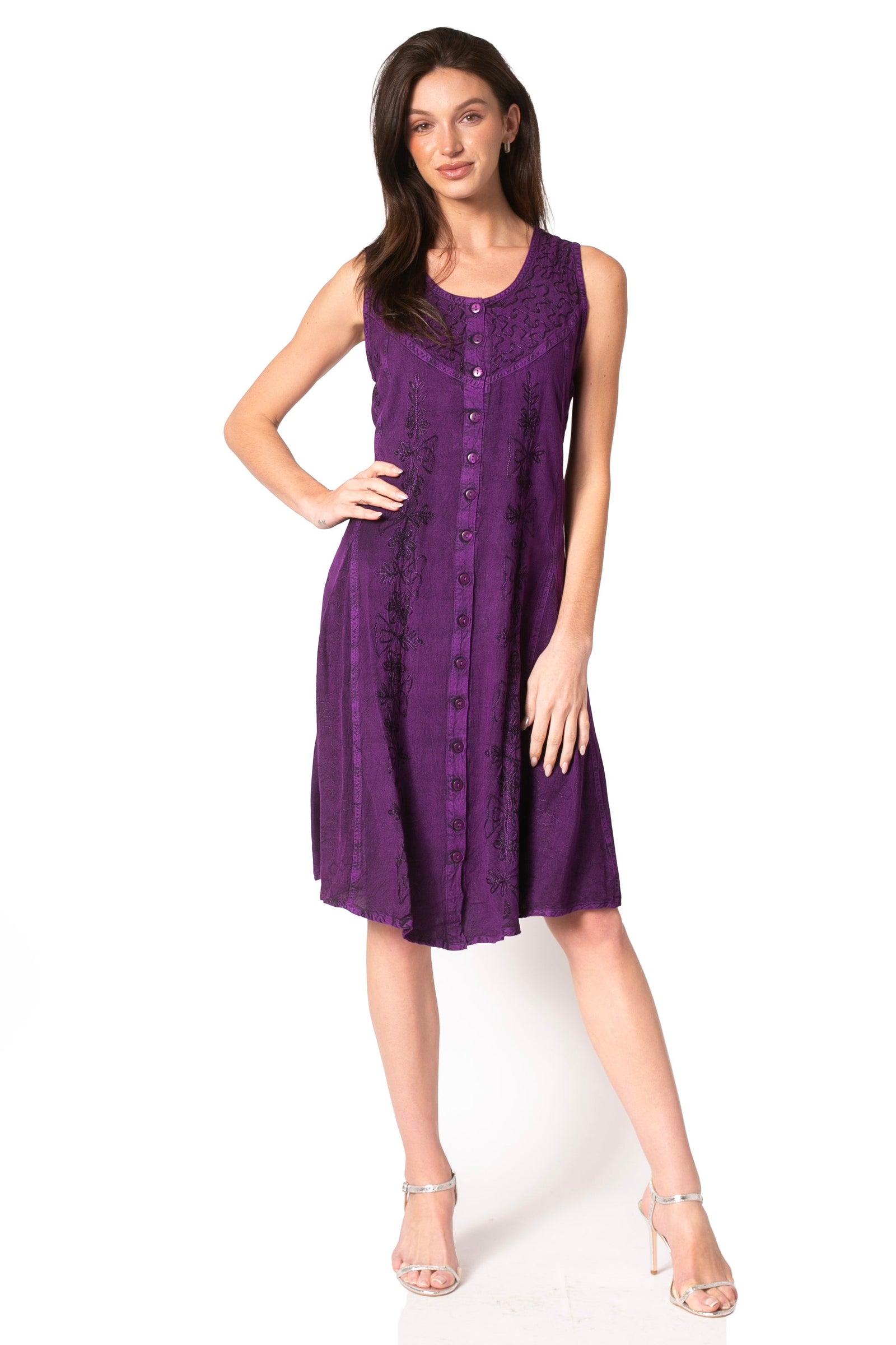 Sakkas Maya Midi Floral Embroidered Sleeveless Button Up Rayon Dress
