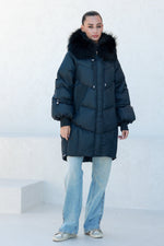 Celeste Genuine Fur Trim Down Fill Coat in Black