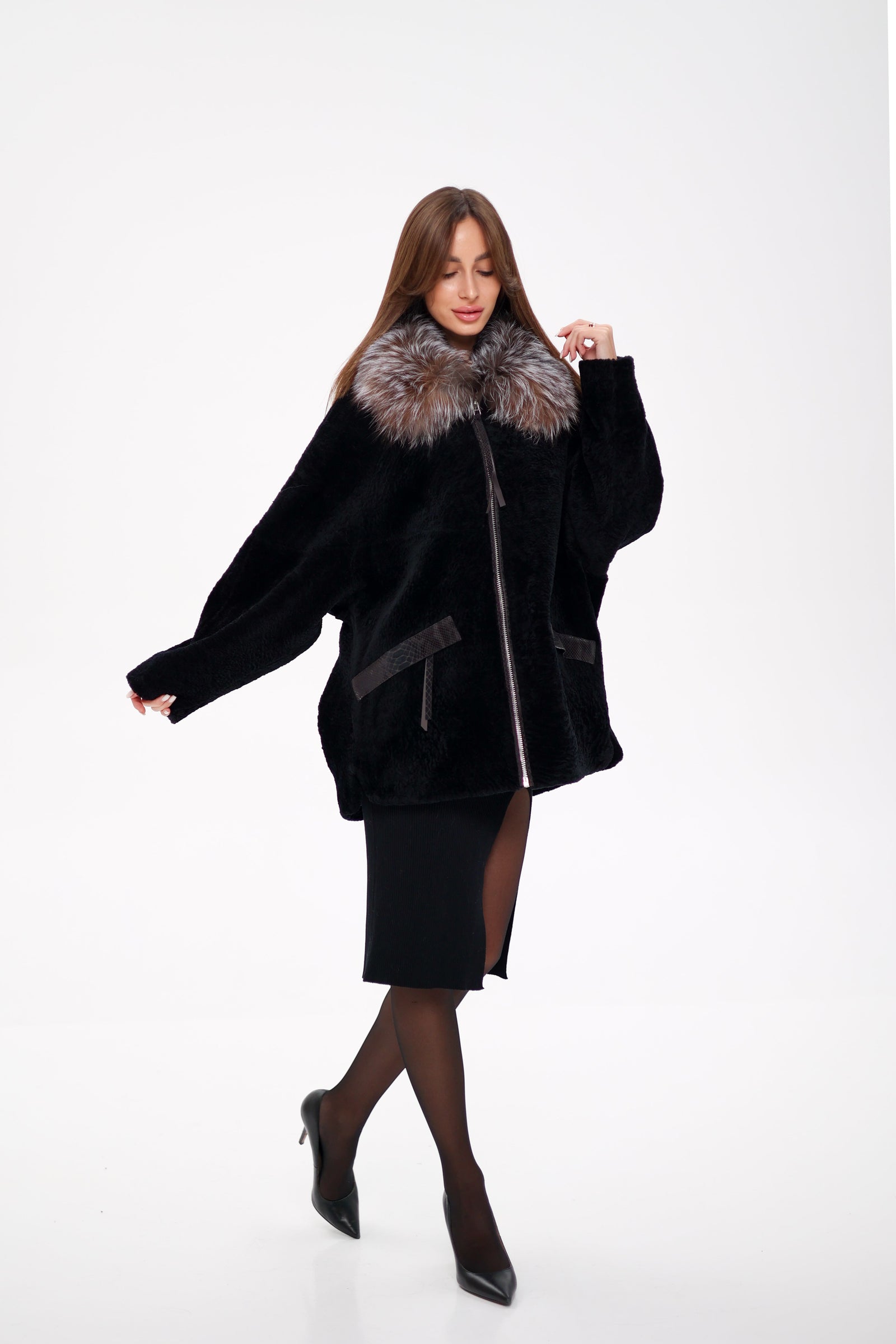 Palermo Genuine Astrakhan Silver Fox Trim Coat