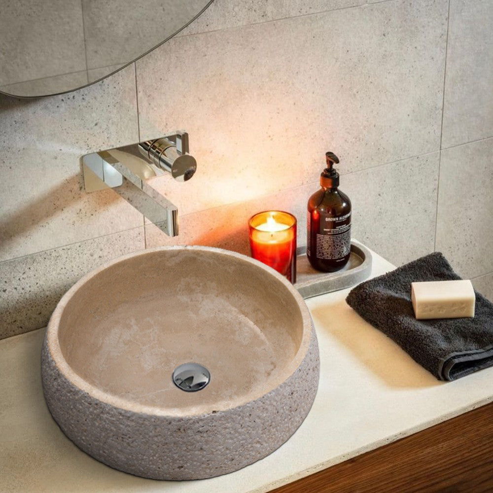 Light Beige Travertine Vessel Bathroom Sink Polished Inside and Sandblasted Outside  (D)16