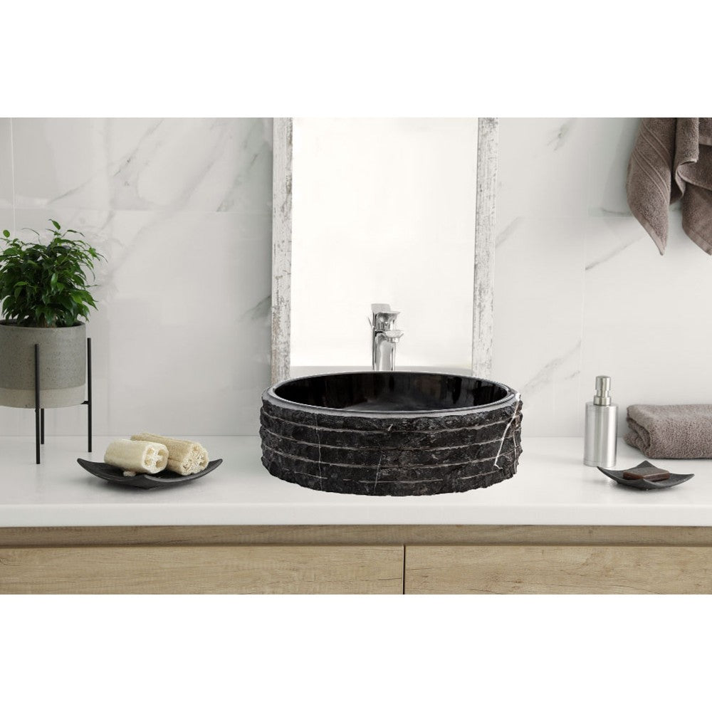 Toros Black Marble Vessel Bathroom Sink Bowl Polished Interior and Combed/Rough Exterior (D)16