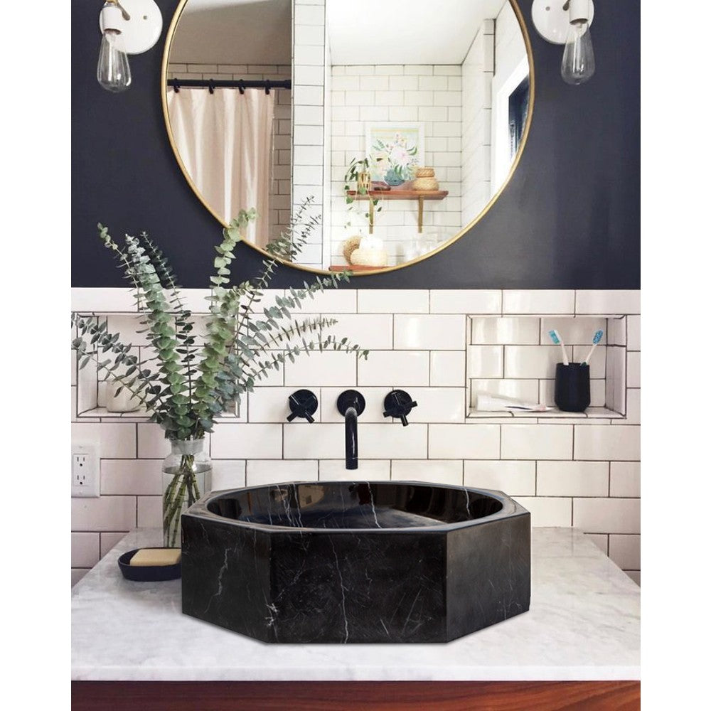 Toros Black Marble Octagon Vessel Sink Bowl Polished (D)16