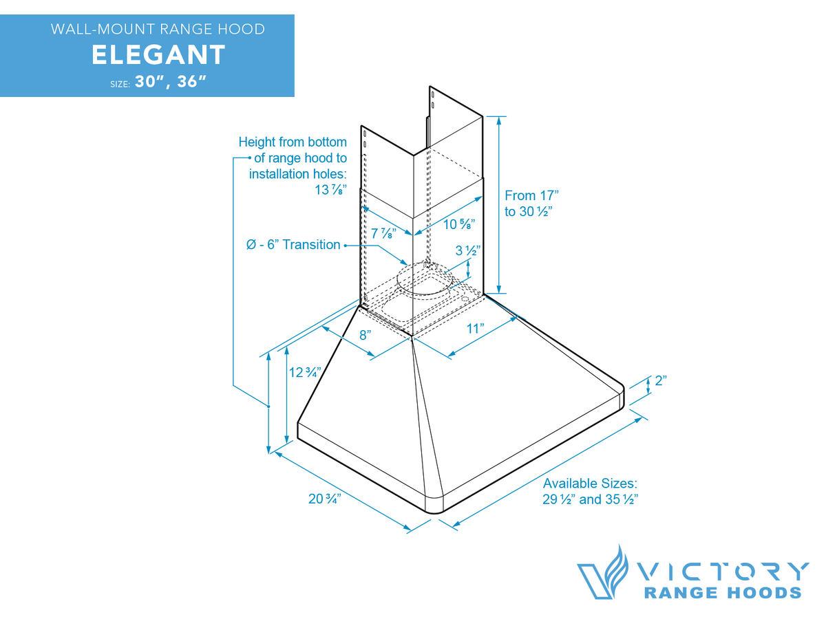 36 Inch 600 CFM Wall Mounted Range Hood - VICTORY Elegant