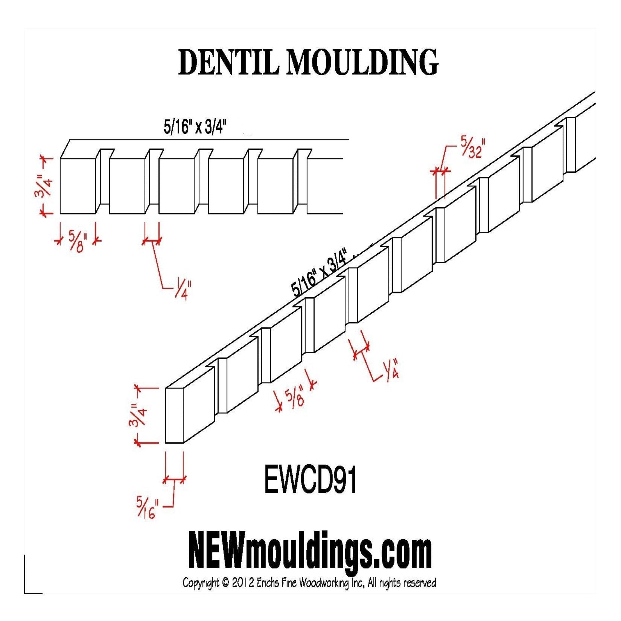 EWCD91 Dentil Moulding 3/4" High x 5/16" Trim. Unfinished