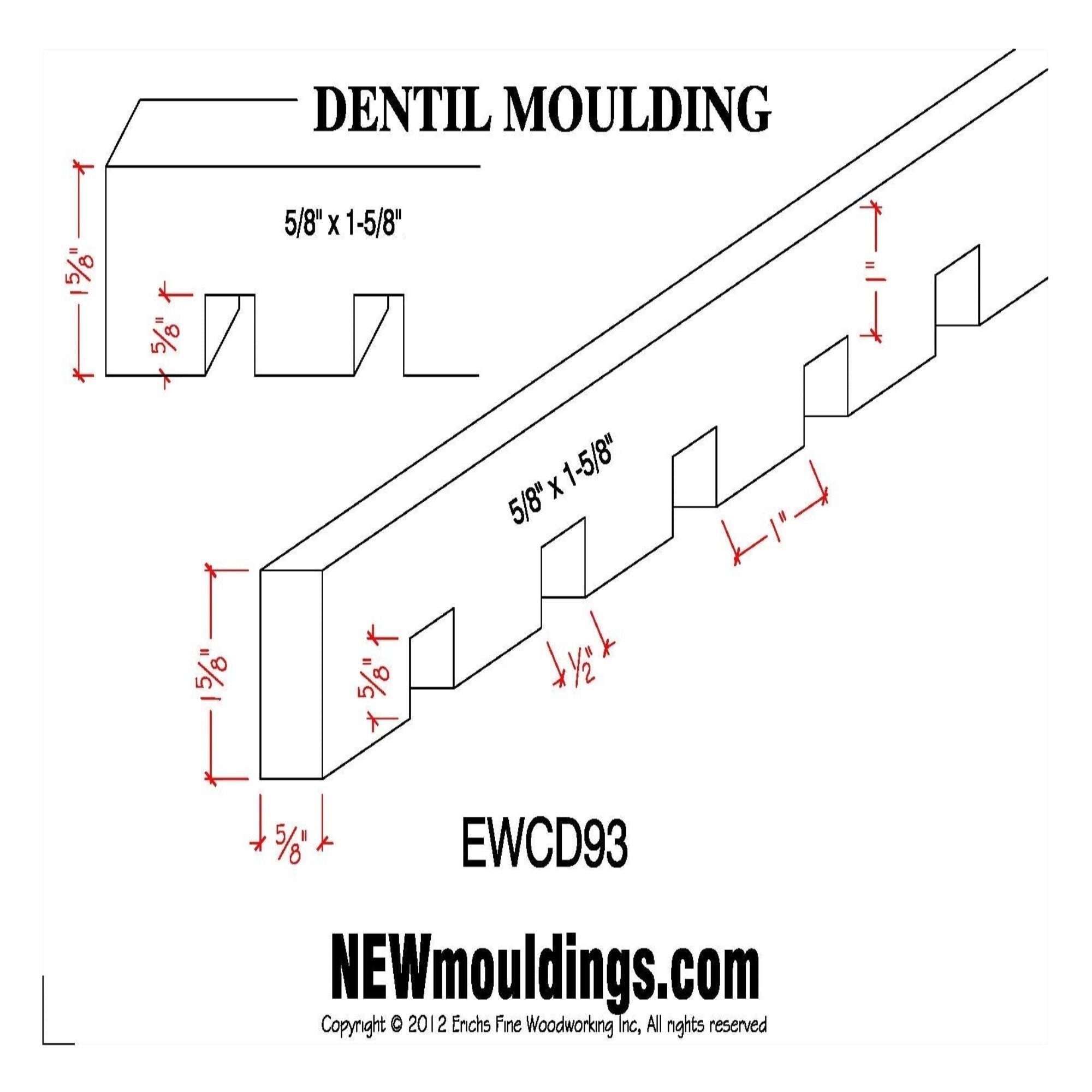 EWCD93 Dentil Moulding 1-5/8" High x 5/8" Trim. Unfinished
