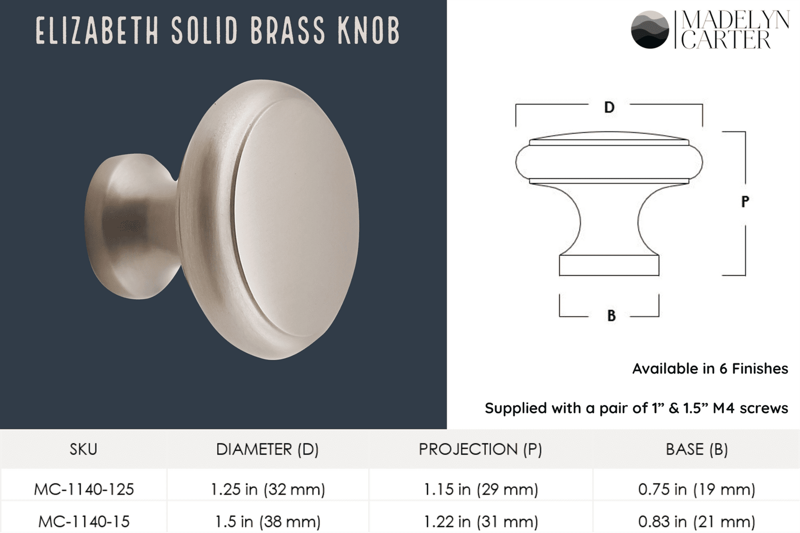 Elizabeth Solid Brass Cabinet Knob with Base - 1.5