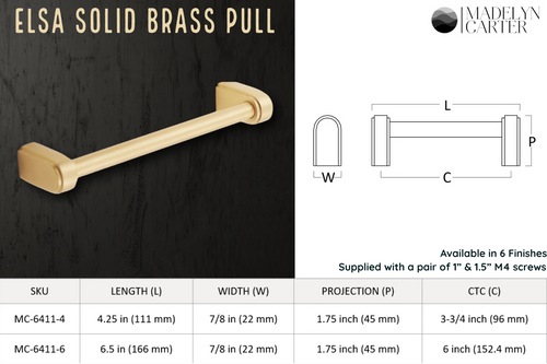 Elsa Solid Brass Drawer Pull - 3.75 Inch Centers