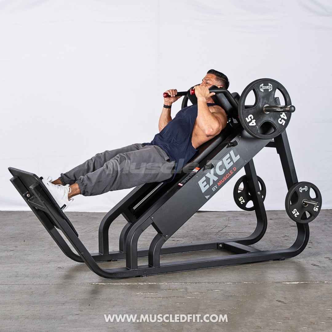 Excel Linear Hack Slide - Muscle D Fitness - Plate Load Hack Squat - Weight Storage Pegs - Safety Catch