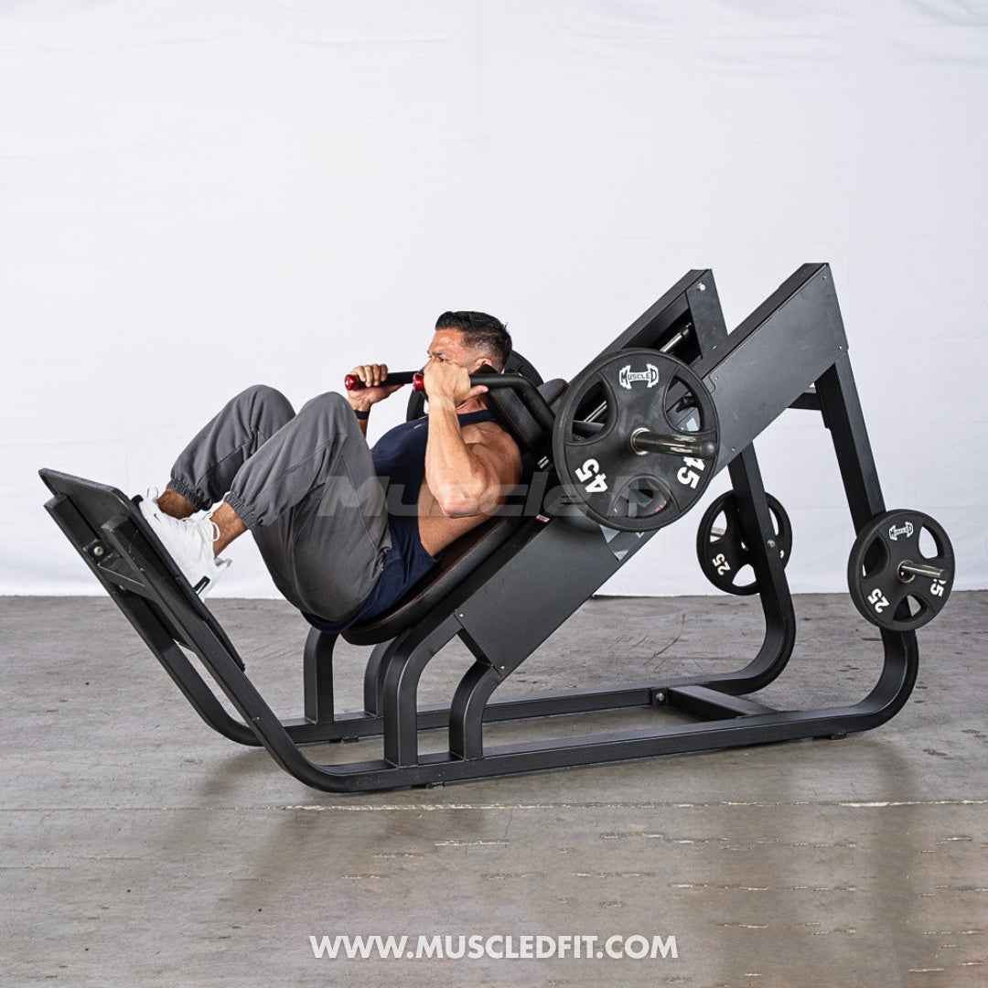 Excel Linear Hack Slide - Muscle D Fitness - Plate Load Hack Squat - Weight Storage Pegs - Safety Catch