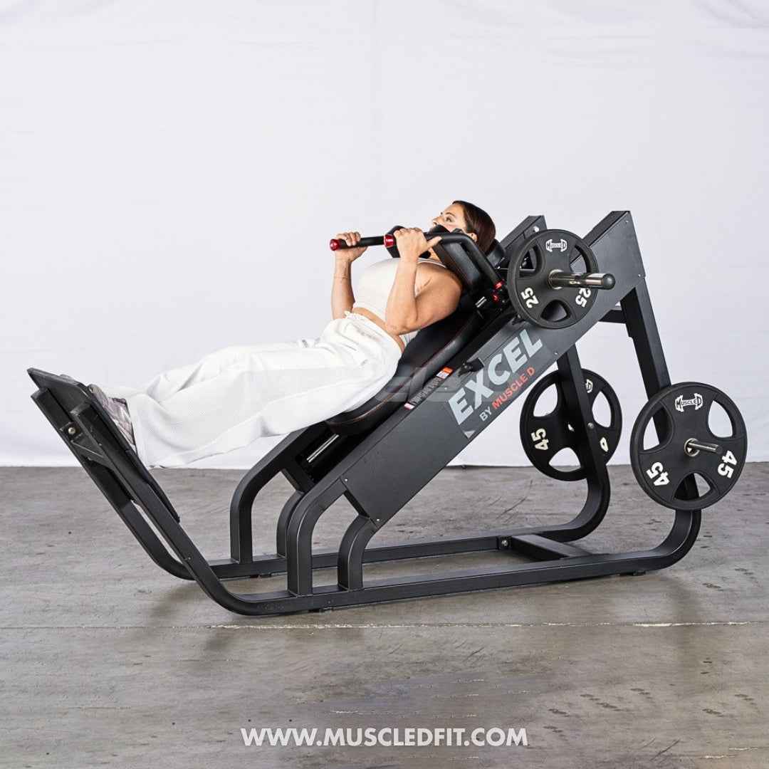 Excel Linear Hack Slide - Muscle D Fitness - Plate Load Hack Squat - Weight Storage Pegs - Safety Catch