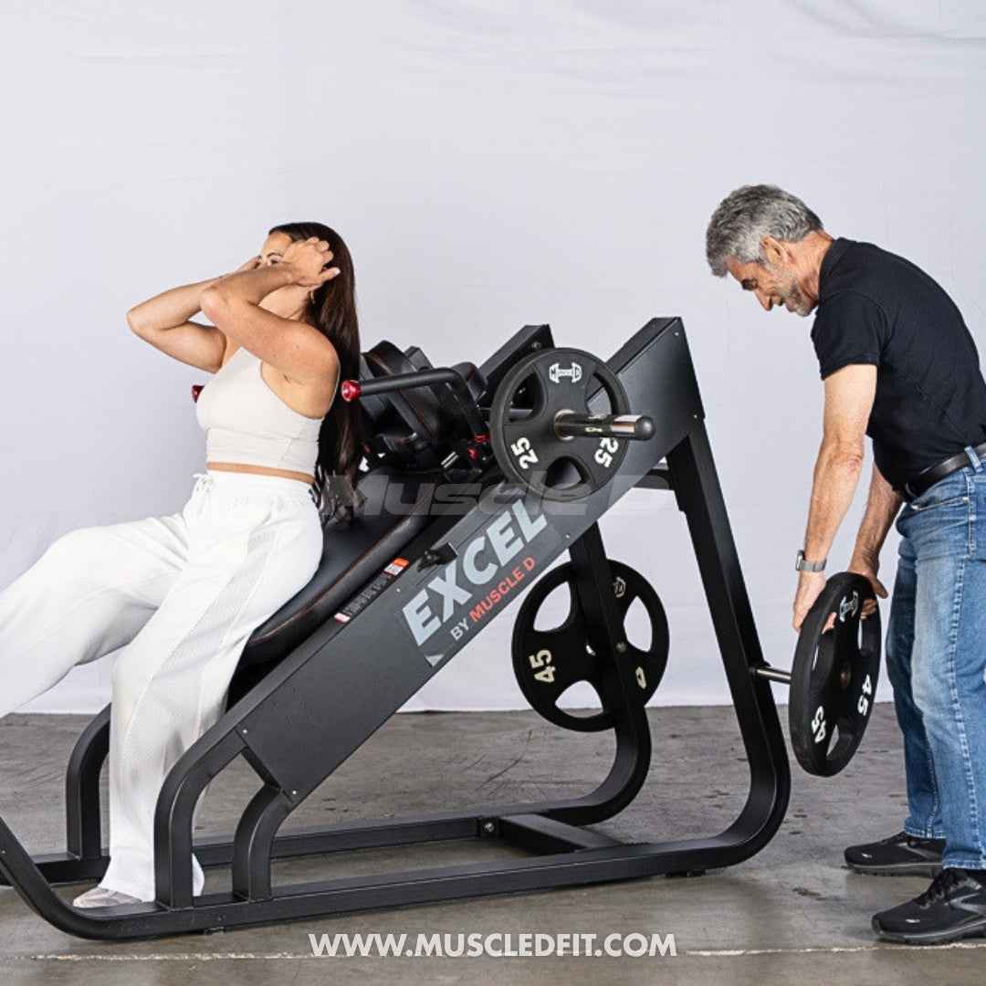 Excel Linear Hack Slide - Muscle D Fitness - Plate Load Hack Squat - Weight Storage Pegs - Safety Catch