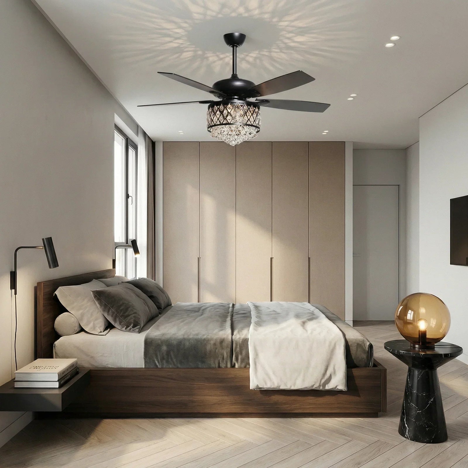 52” Wethington Modern Crystal Chandelier Ceiling Fan with Light And Remote Control Black