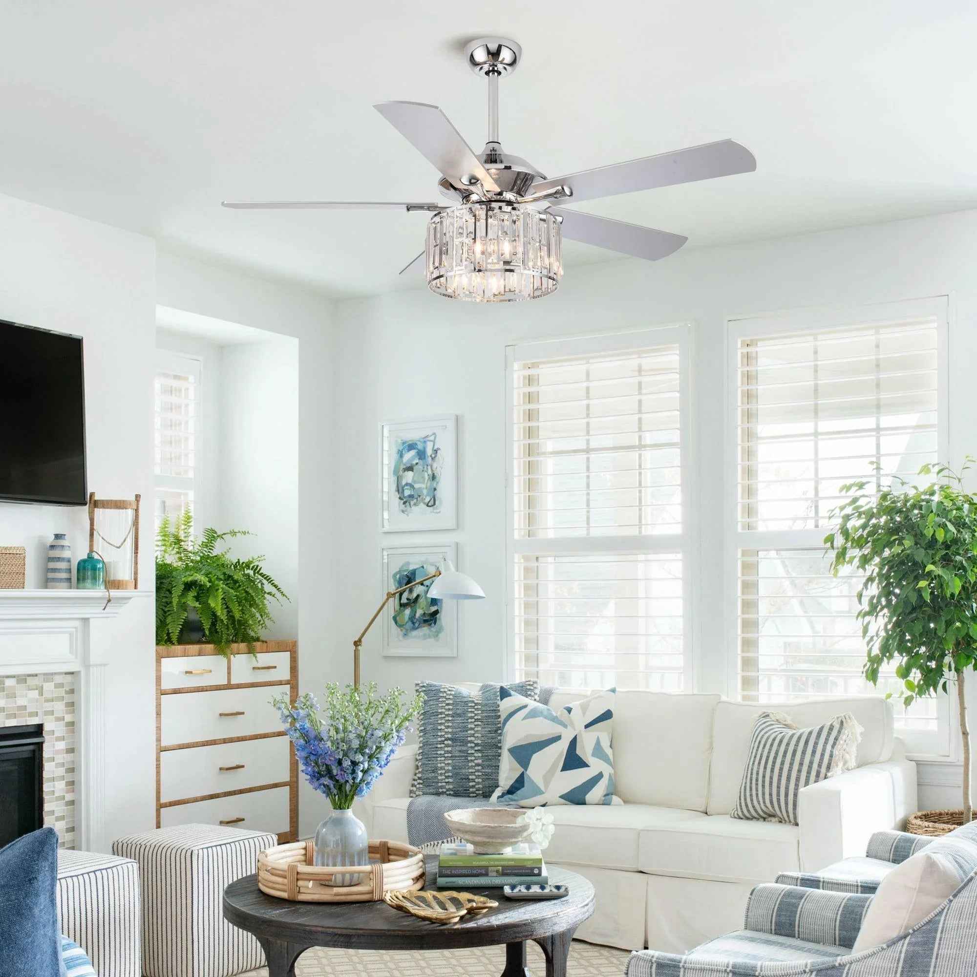 52" Dicken Modern Downrod Mount Reversible Crystal Ceiling Fan with Lighting