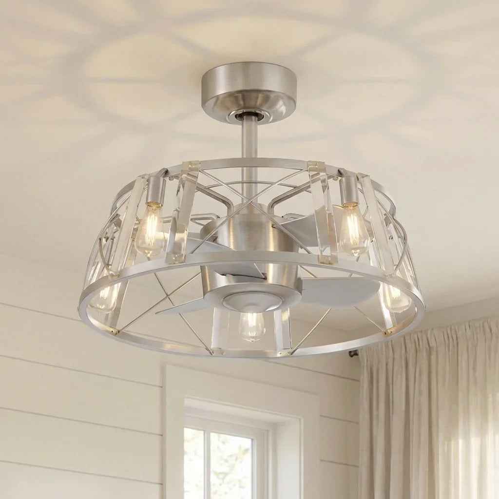 23" Modern Satin Nickel DC Motor Downrod Mount Reversible Fandelier Ceiling Fan with Lighting and Remote Control