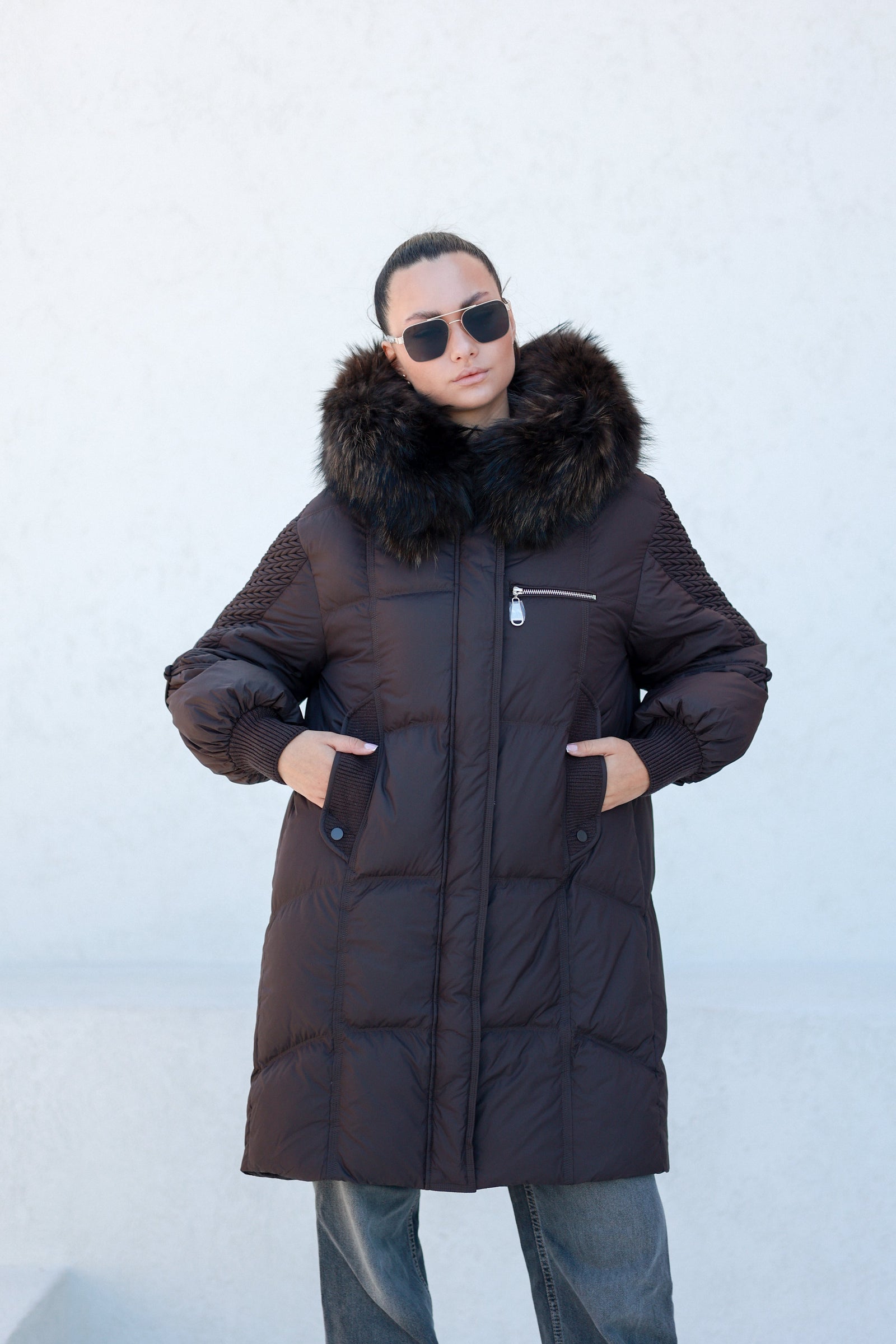 Dakota Genuine Fur Trim Down Fill Coat in Chocolate