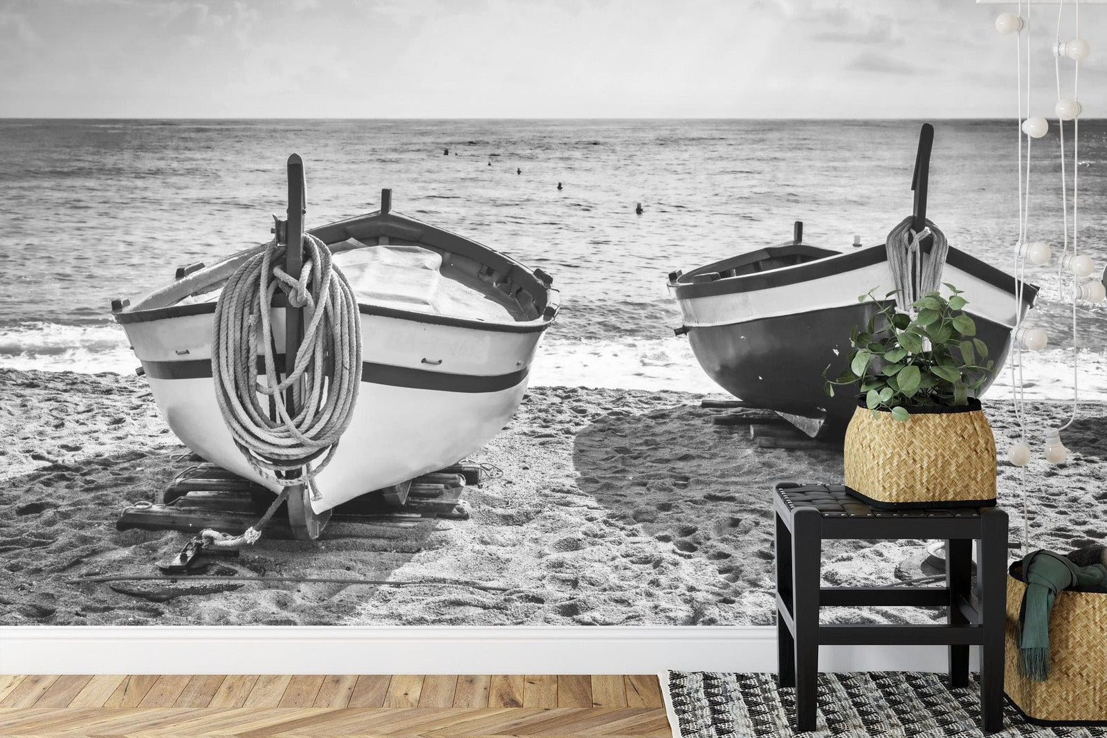 Black and White Nautical Theme Wallpaper Mural. Boat on Shore Wall Mural. #FT-380