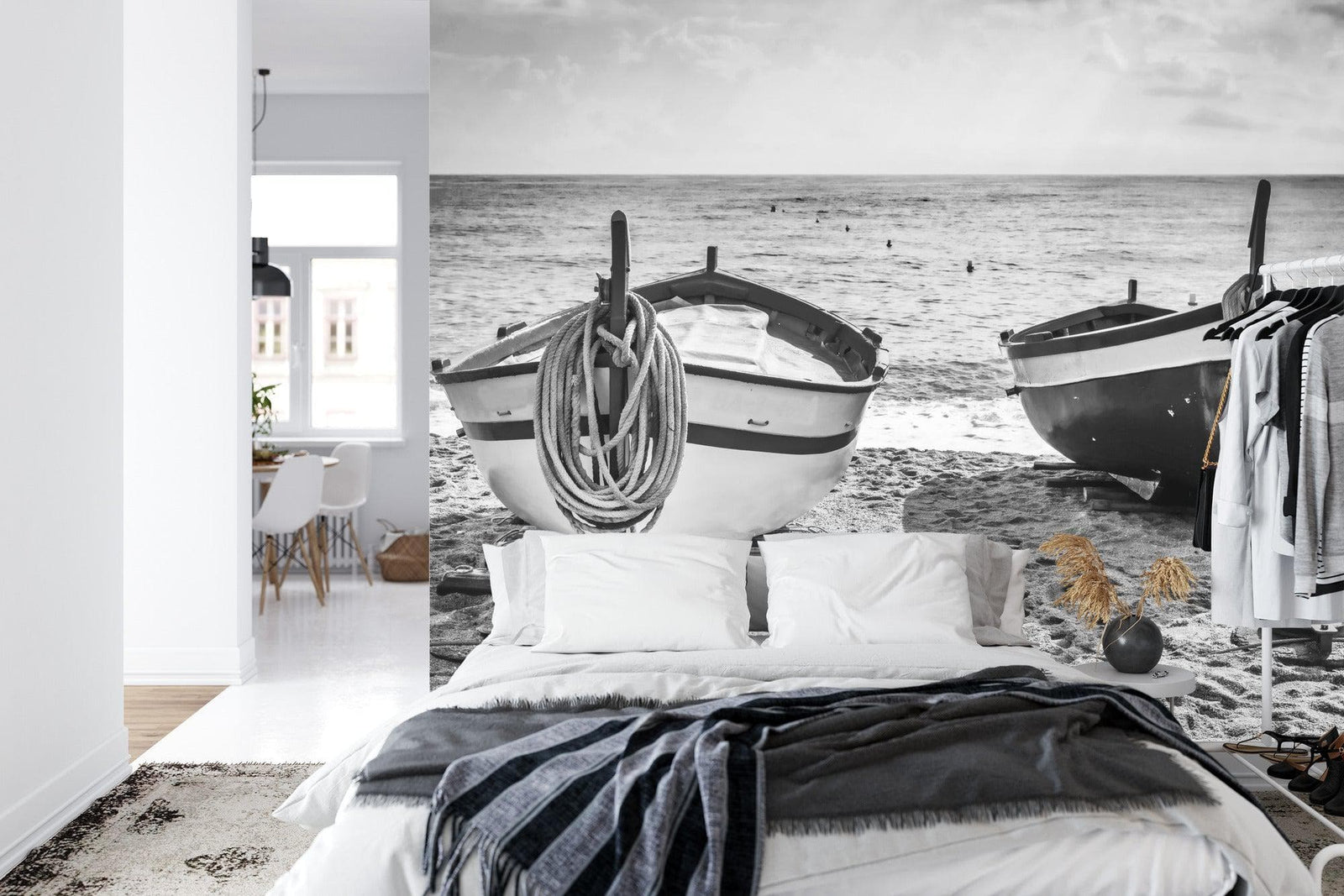 Black and White Nautical Theme Wallpaper Mural. Boat on Shore Wall Mural. #FT-380