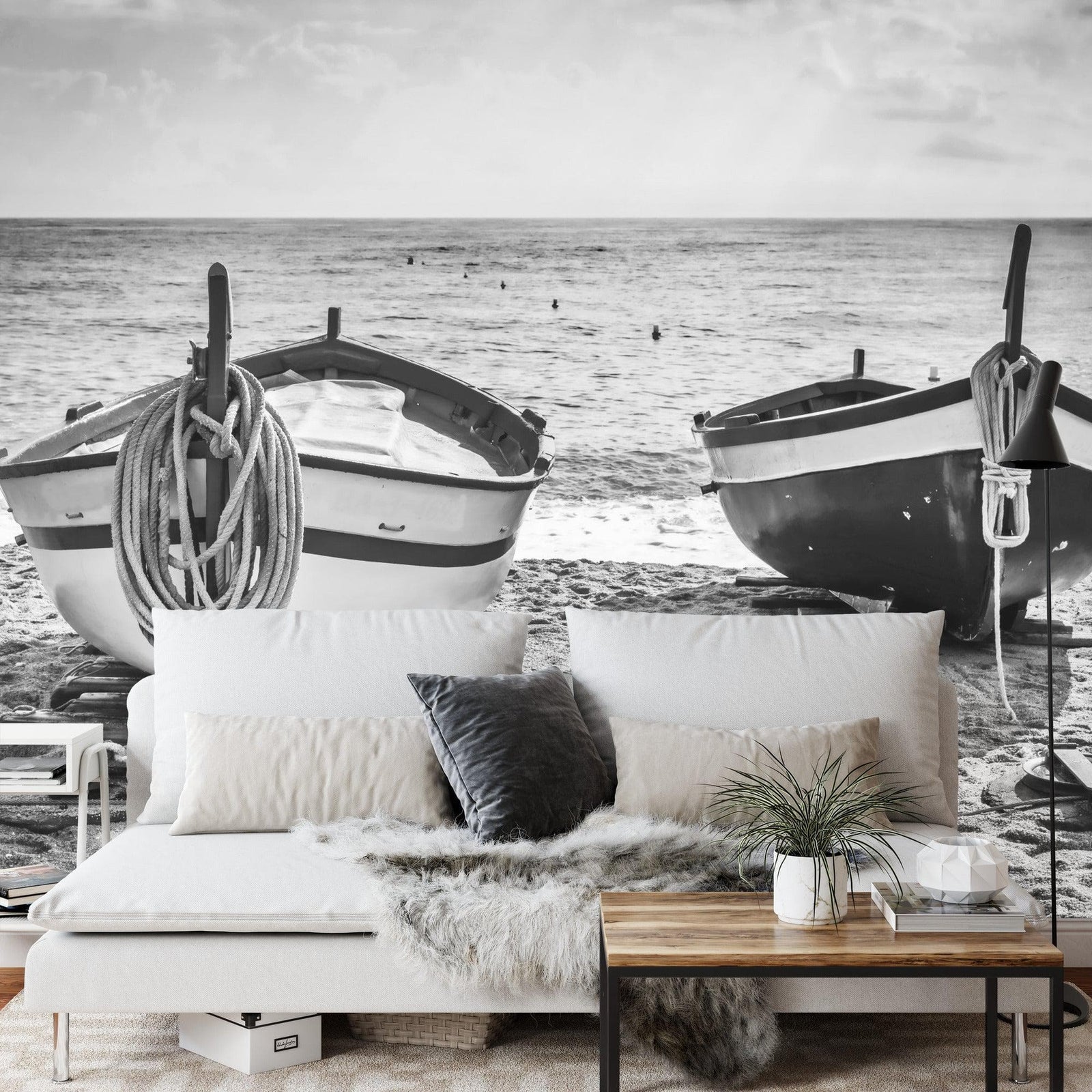 Black and White Nautical Theme Wallpaper Mural. Boat on Shore Wall Mural. #FT-380