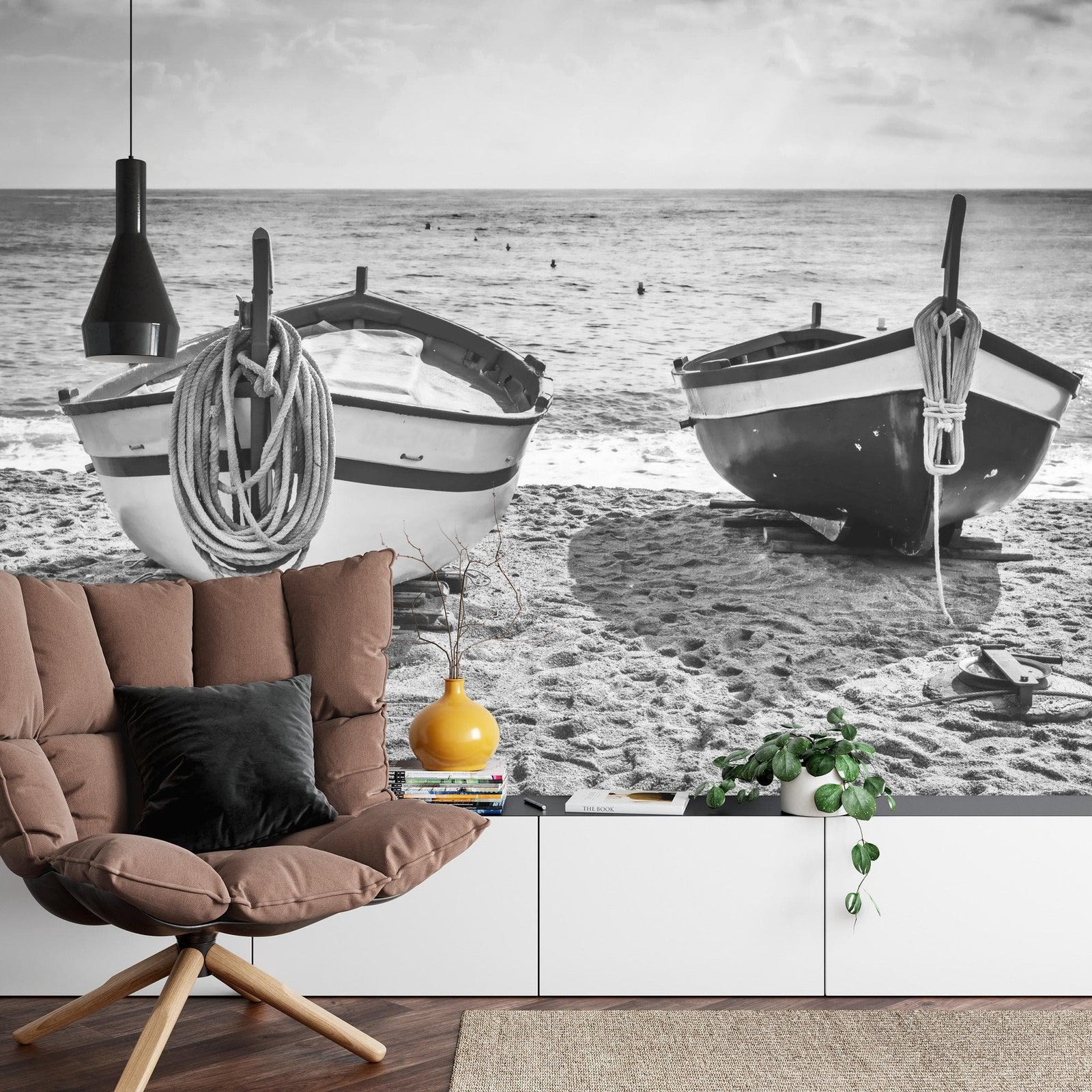 Black and White Nautical Theme Wallpaper Mural. Boat on Shore Wall Mural. #FT-380