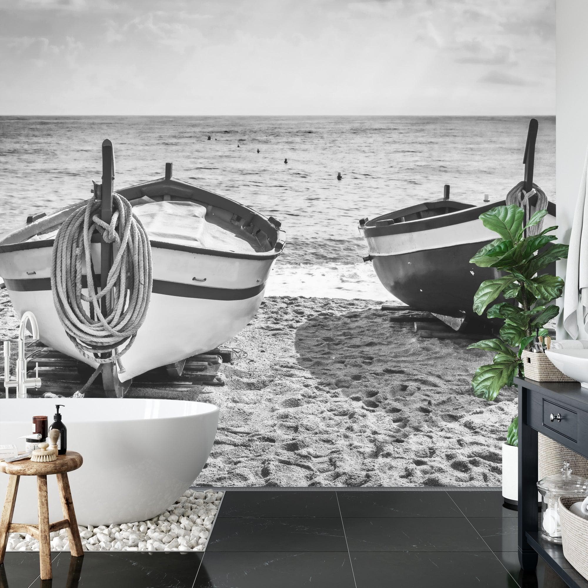 Black and White Nautical Theme Wallpaper Mural. Boat on Shore Wall Mural. #FT-380