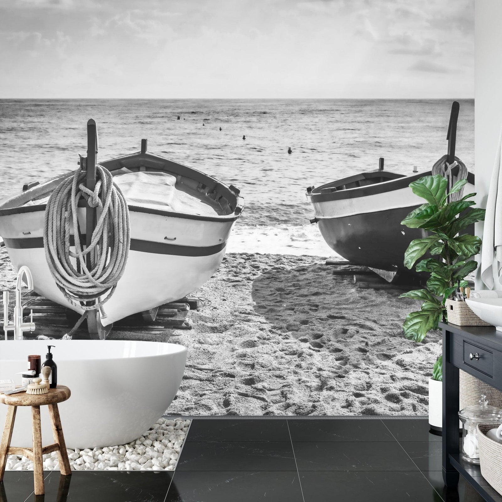 Black and White Nautical Theme Wallpaper Mural. Boat on Shore Wall Mural. #FT-380