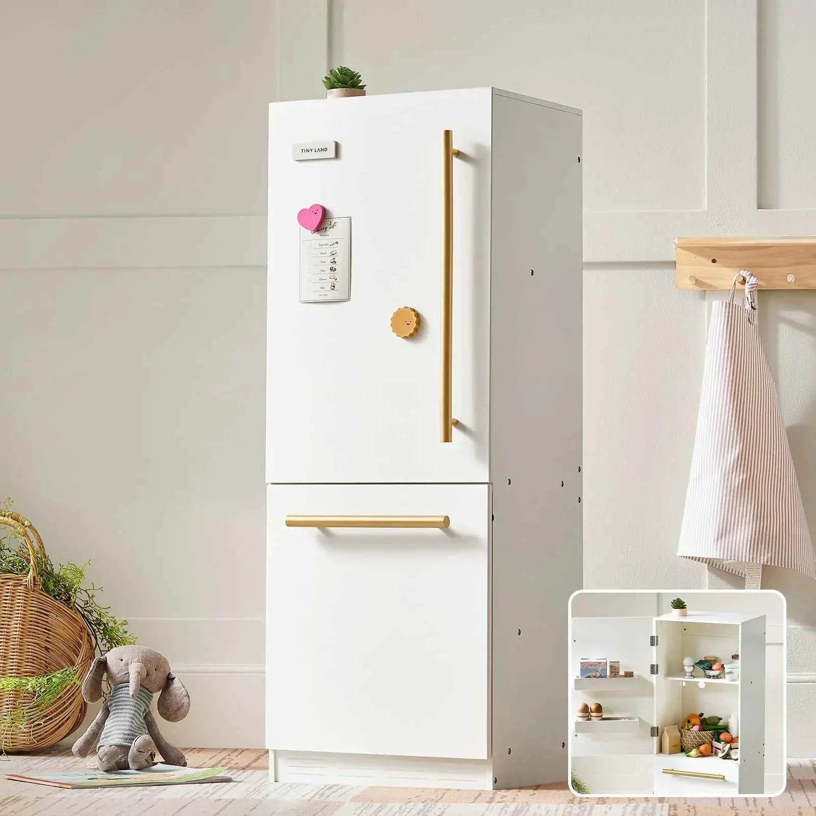 Tiny Land® Play Kitchen Accessories – Play Kitchen Fridge: Wooden Cabinet Refrigerator for Kids
