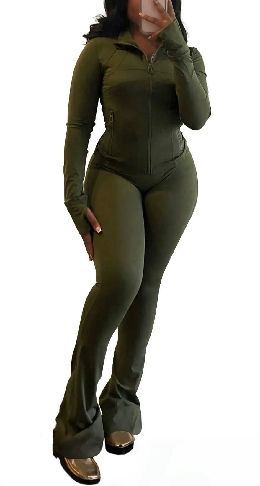 Womens Two Piece Outfits Fall Workout Zip Up Sweatshirt And Jogger Flare Yoga Pants Gym Sweat Suits 2 Piece Set