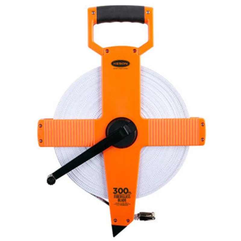 Keson OTR1810300 Open Reel Double-Sided Fiberglass Measuring Tape - the white side reads feet and inches in 1/8
