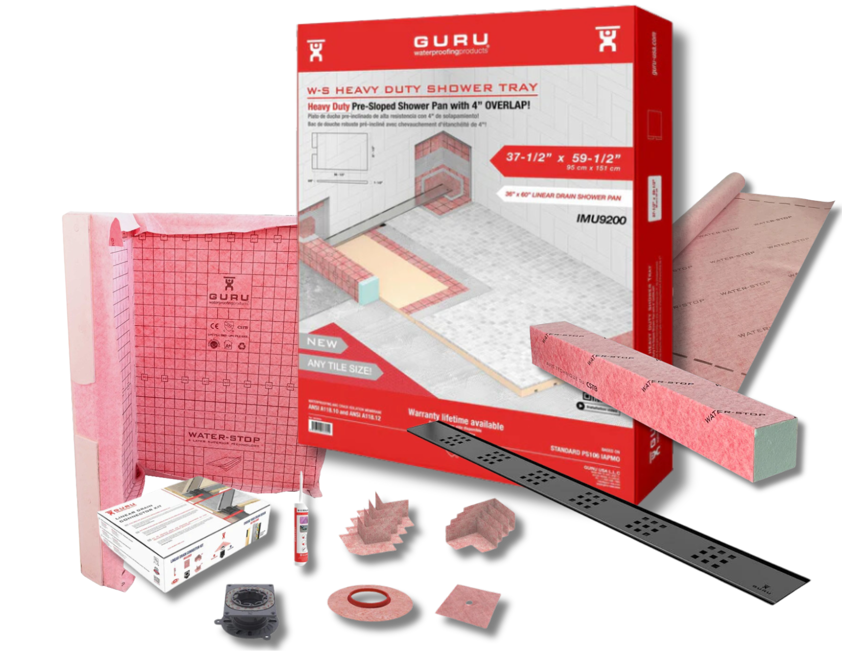 GURU Shower Linear Drain Superkit 37-1/2"x60-1/8" PVC with Drain - SKU: ISU0020 - Tundra Globe