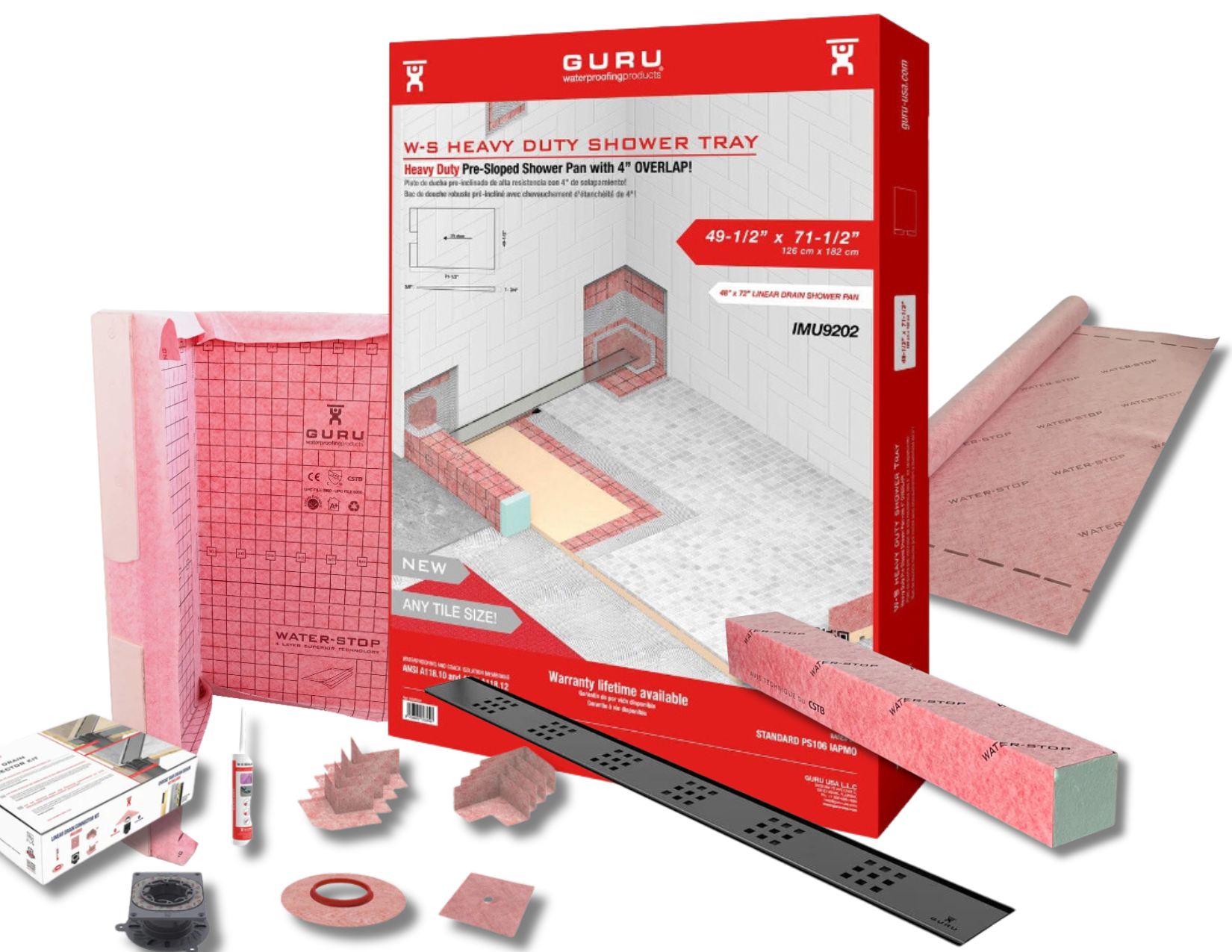 GURU Shower Linear Drain Superkit 49-1/2"x47-1/2" PVC with Drain - SKU: ISU0021 - Tundra Globe