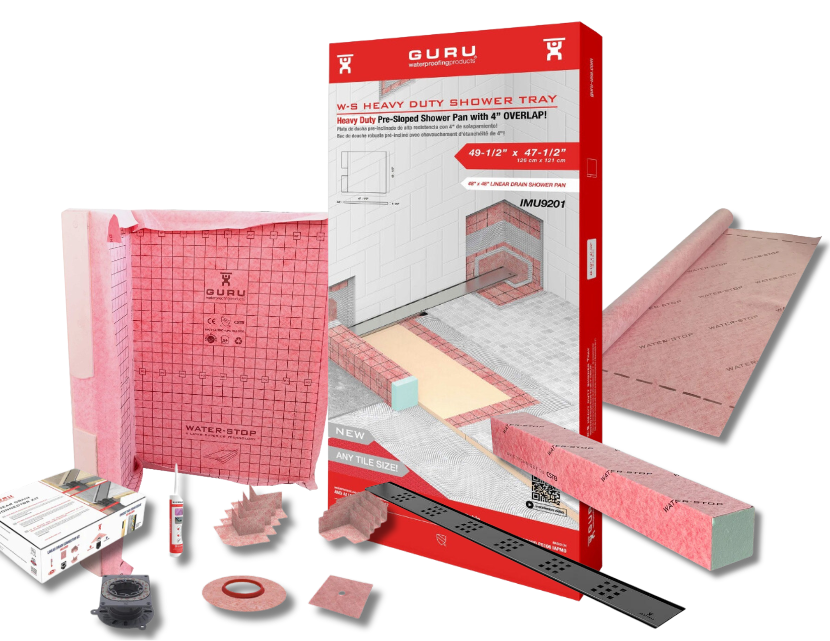 GURU Shower Linear Drain Superkit 49-1/2"x71-1/2" PVC with Drain - SKU: ISU0022 - Tundra Globe