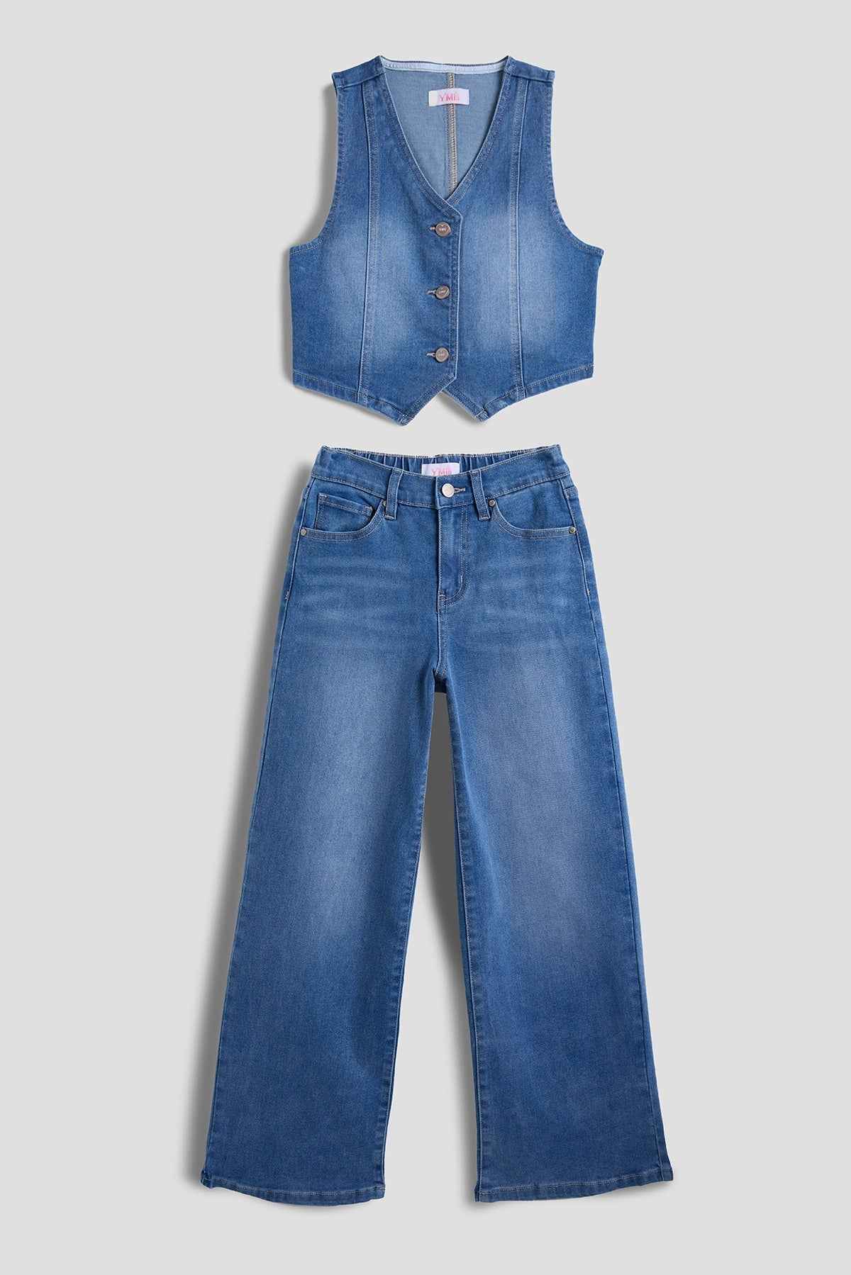 Girls Cece Denim Vest & Wide Leg Jeans Set